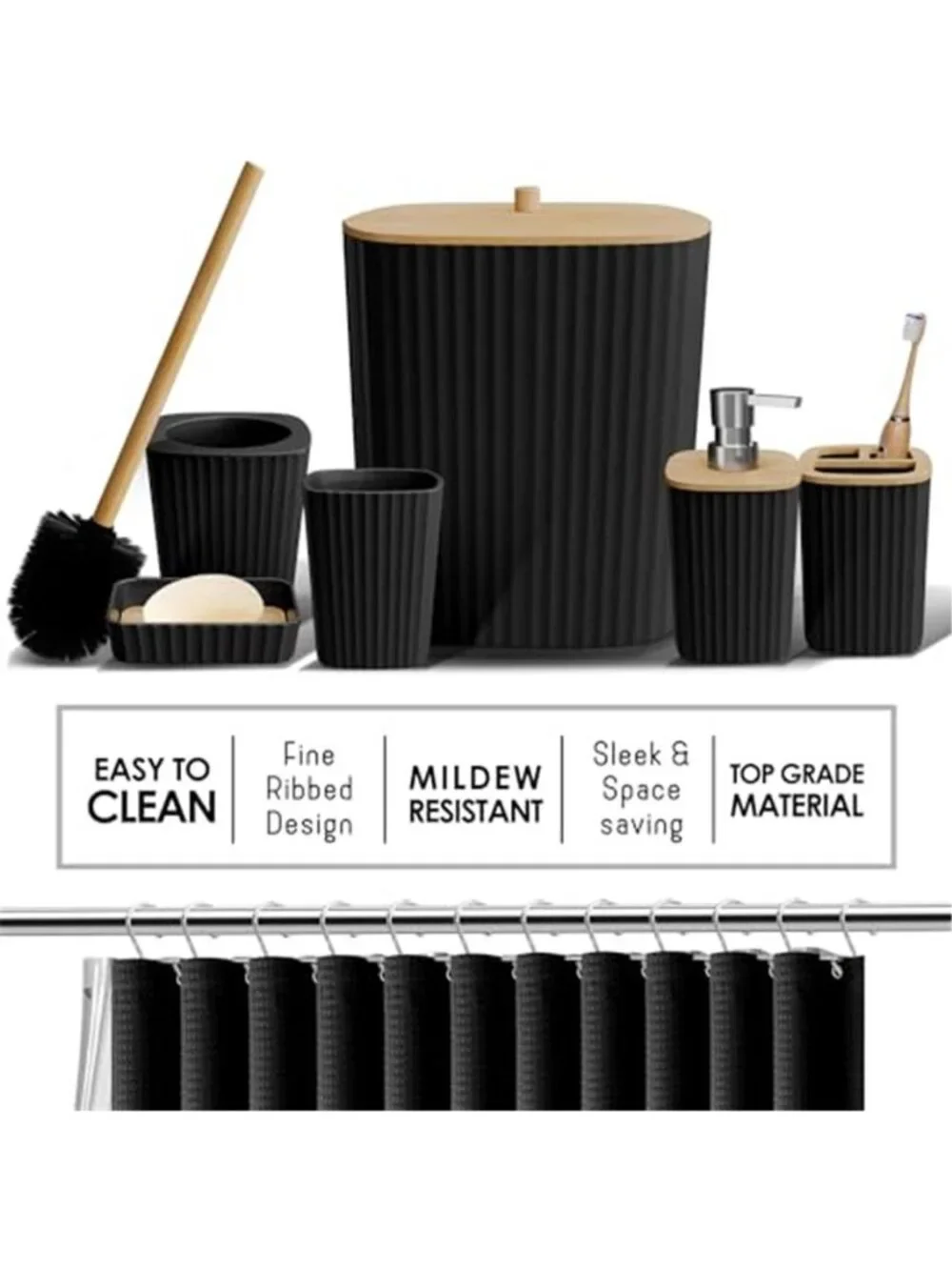 Black Bathroom Accessories Set Shower Curtain Bath Rugs Soap Dispenser Trash Can